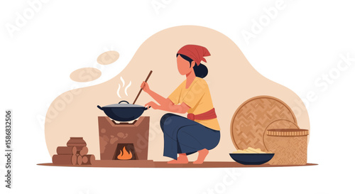 Woman Prepares Food In A Traditional Setting Simple Living Illustration