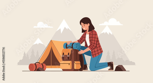 Woman Prepares For Mountain Hike Putting Sleeping Bag On Backpack Outdoors