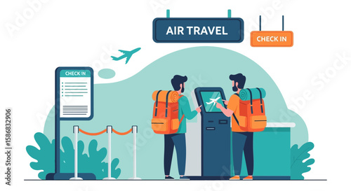 Travelers Prepare For Their Flight At The Airport Check In Kiosk