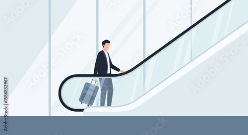 Traveling Businessman On Escalator At Airport Going to Next Adventure
