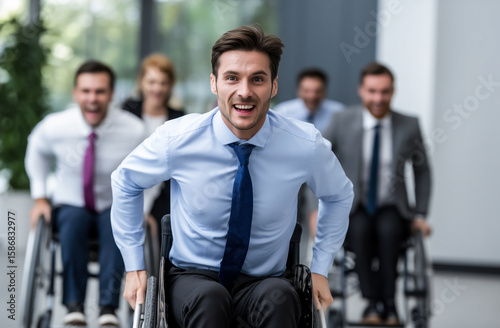 Business Team Of Young Professionals Racing In Office Hallway Using Wheelchairs Laughing And Motivated