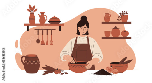 Woman Prepares Herbal Remedies In Her Traditional Kitchen With Natural Ingredients