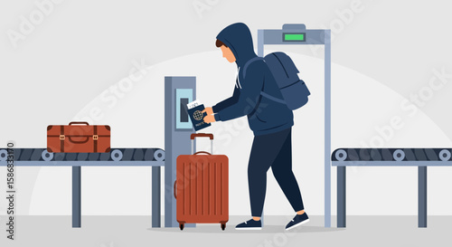 Traveling Passenger Prepares For Security Check In At Airport Terminal