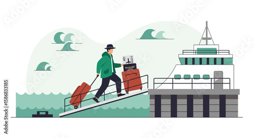Traveling Man With Suitcases Embarking a Ship For a Dream Summer Vacation