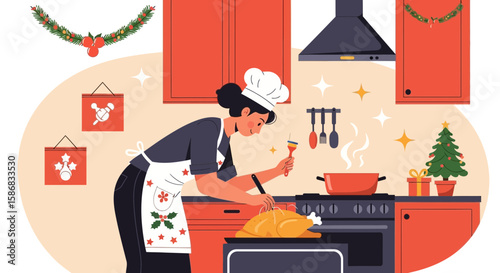 Woman Prepares Thanksgiving Dinner In A Kitchen Decorated For Christmas With Cooking Tools