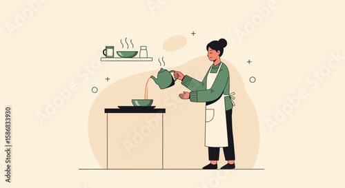 Woman Preparing A Meal In The Kitchen With Modern Design And Minimalist Illustration