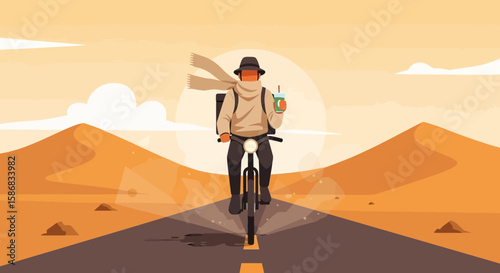 Trendy Delivery Rider On Bicycle Holding Drink In Desert Landscape Illustration