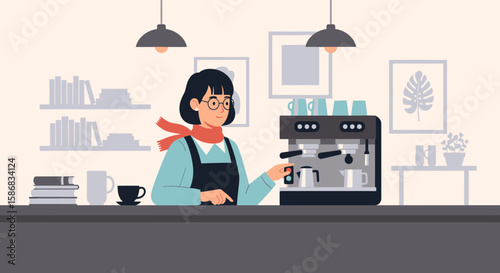 Woman Preparing Coffee Drink in Modern Cafe for Small Business Concept