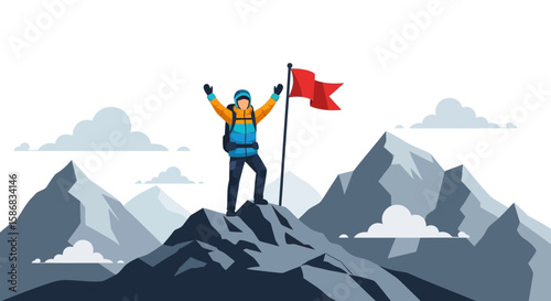 Triumphant Climber Atop a Mountain Peak Reaching The Summit With A Red Flag