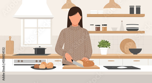 Woman Preparing Food In Modern Kitchen Scene Vector Illustration
