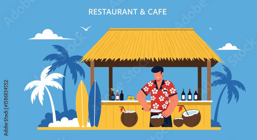 Tropical Beach Bar Offering Refreshing Coconut Drinks In Paradise Scene Illustration