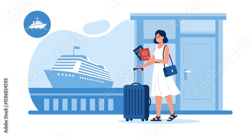 Woman Preparing For A Vacation Cruise Adventure With Luggage And Passport
