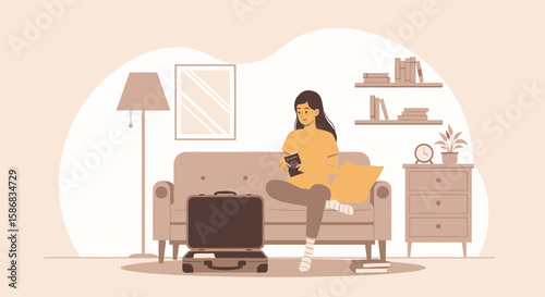 Woman Preparing For Trip Holding Passport Sitting On Sofa At Home