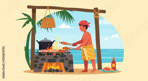 Tropical Beach Barbecue Scene With Man Cooking Fish Over Open Fire