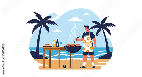 Tropical Beach Barbecue Scene With Man Cooking Near Ocean And Palm Trees