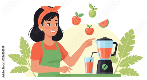 Woman Preparing Fruit Smoothie In Blender For Healthy Lifestyle Concept