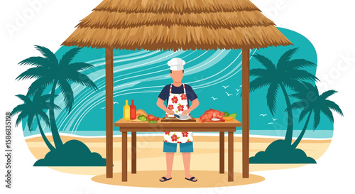 Tropical Beachfront Chef Preparing Seafood Dish Under Thatched Roof Hut