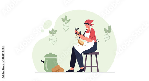 Woman Preparing Vegetarian Dish at Home With Organic Farmed Potatoes