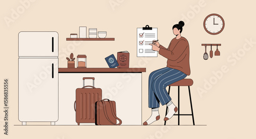 Woman Preparing Travel List At Home Before Vacation Trip Packing Suitcase