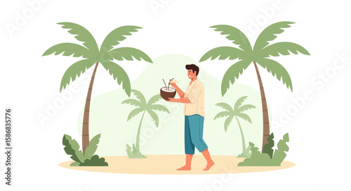 Tropical Getaway Man Enjoying Coconut Drink in Paradise Amidst Palm Trees
