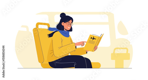 Woman Reading Travel Guidebook Inside a Vehicle Enjoying Vacation Trip