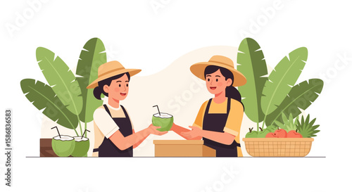 Tropical Market Scene With Women Selling Coconuts And Fresh Produce In A Wicker Basket