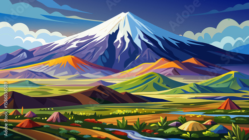 Mount Ararat Viewpoint, Eastern Anatolia, Turkey – The majestic, snow-capped peak dominates flat plains. A symbol of heritage and power, this landmark offers spiritual and bold framing for iconic vect