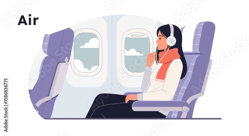 Woman Relaxing And Enjoying Music On An Airplane Looking Out The Window