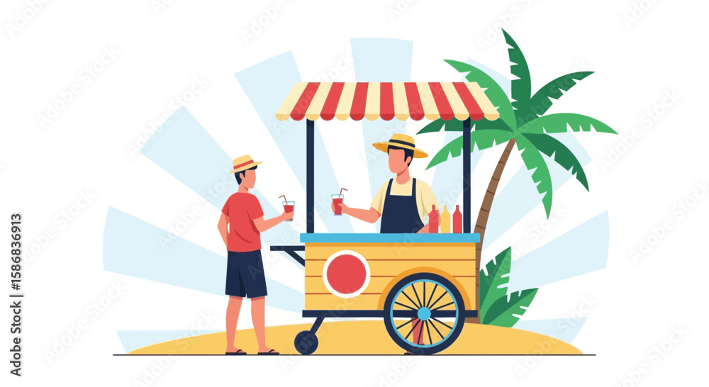 Fototapeta premium Tropical Paradise Refreshments A Vibrant Beachside Juice Stand Serving Customers