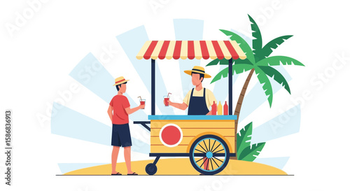 Tropical Paradise Refreshments A Vibrant Beachside Juice Stand Serving Customers