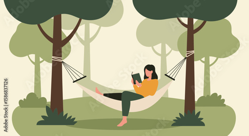 Woman Relaxing In Hammock Reading Book In The Forest Outdoors Recreation