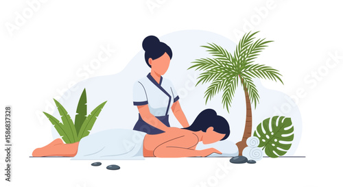 Tropical Spa Retreat Woman Receiving Massage Therapy For Relaxation