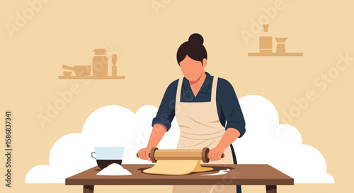 Woman Rolling Dough Baking At Home In The Kitchen With Utensils And Ingredients