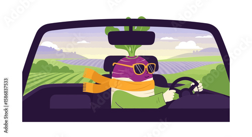 Turnip Wearing Sunglasses Driving a Car Through the Countryside Road Trip