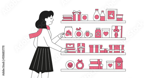 Woman Shopping Gifts Or Souvenirs On Shelves In Pink Color Illustration