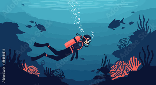 Underwater Scuba Diving Exploring Coral Reefs And Marine Wildlife Scene Flat Vector