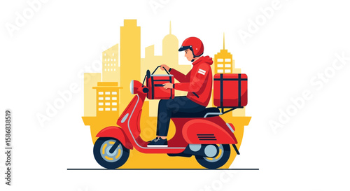 Urban Delivery Service Man Riding Scooter With Cityscape Background