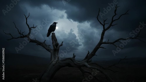 Silhouette of a raven on a dead tree branch against a dramatic stormy sky. Dark, mysterious, and spooky night scene.