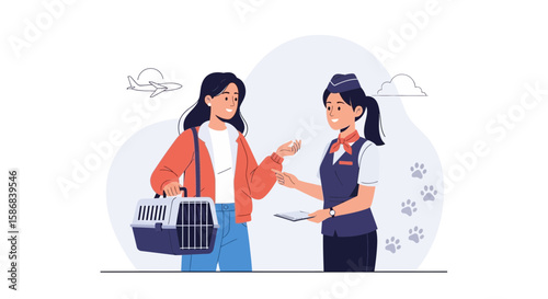 Woman Traveling With Pet Carrier Talking To Airline Staff At Airport Terminal