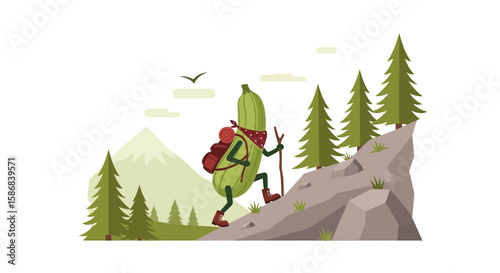 Vegetable Adventurer: Zucchini Hiking Up A Mountain With Backpack And Hiking Stick