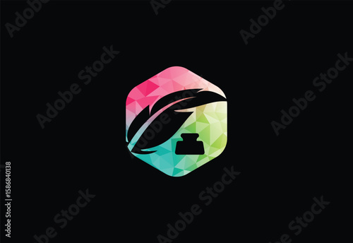 Colorful Low Poly and Feather Pen Logo Design. Writing Feather Pen logo, Vector Illustration