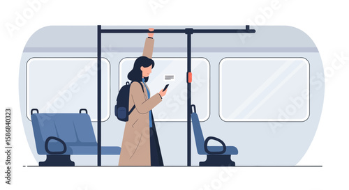 Woman Using Phone Commuting By Public Transport During City Life Concept