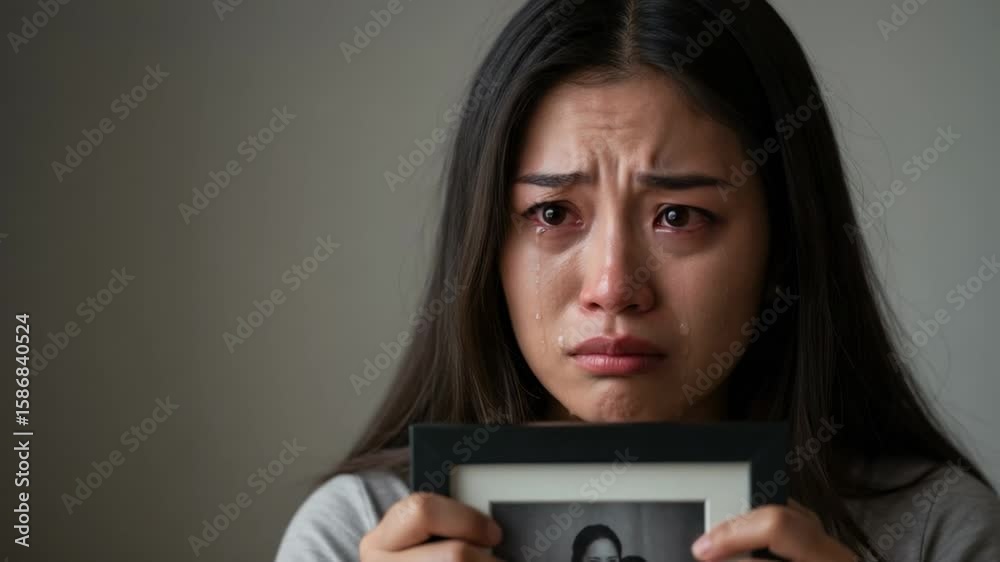 Heartbroken young Asian woman crying, mourning the loss of a loved one, holding a framed photograph. Heartbroken young Asian woman crying, mourning the loss of a loved one, holding a framed photograph.