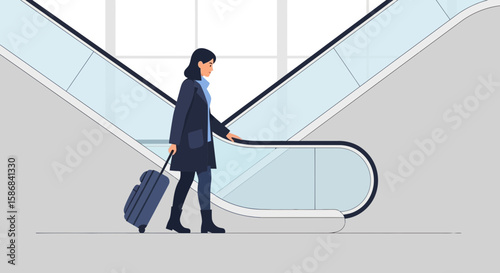 Woman With Suitcase Ascending Escalator In Modern Terminal Transportation Scene