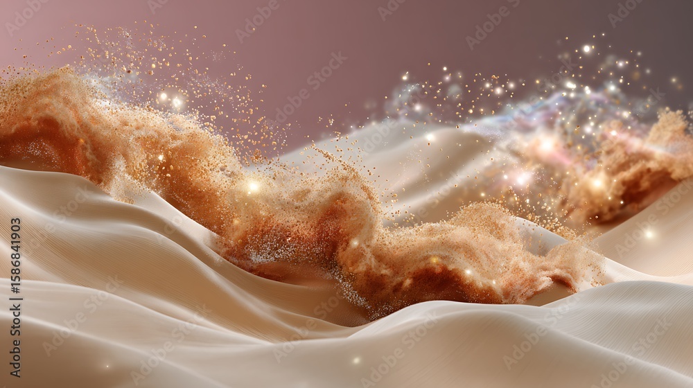Fototapeta premium Soft Flowing Fabric with Golden Particles Against a Pink Background Creating an Ethereal Atmosphere