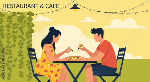 Young Couple Enjoying Pizza Together At An Outdoor Cafe Or Restaurant