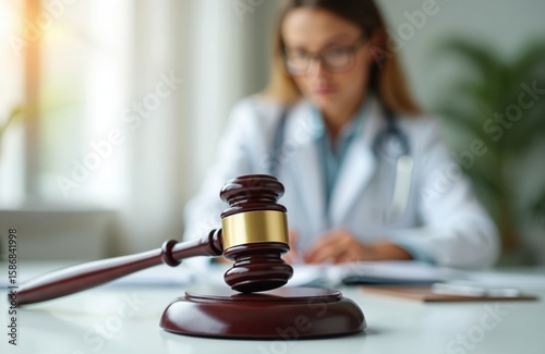 Close-up of wooden judge gavel on desk with doctor paperwork. Concept of medical law, litigation, health care decisions. Woman in lab coat with stethoscope, office setting, legal, medical agreement