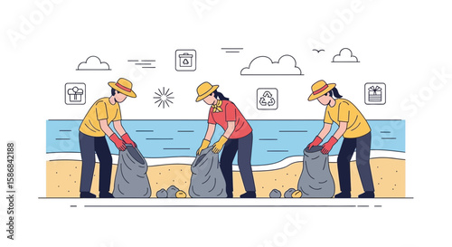 Volunteers Cleaning Up Beach Collecting Waste Into Garbage Bags For Recycling