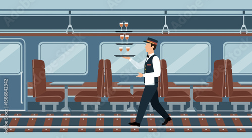 Waiter Carrying Drinks On A Train Travel With First Class Service Experience
