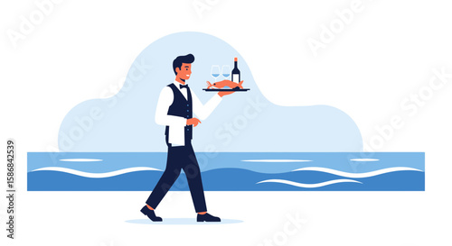 Waiter Serving Dinner Near The Sea Offers Elegant Dining Experience To Guests